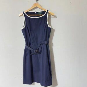 👉 Lauren Ralph Lauren Navy Blue Sheath Dress White Trim Belted Sleeveless Size